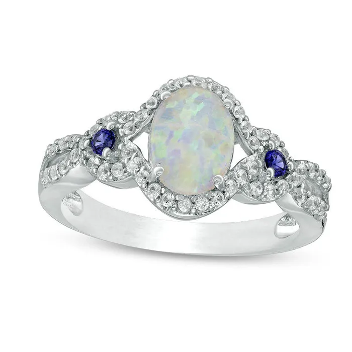 Goldia Oval LabCreated Opal Blue and White Sapphire Open Frame Twist Shank Ring in Sterling Silver Rings Goldia Oval LabCreated Opal Blue and White Sapphire Open Frame Twist Shank Ring in Sterling Silver Rings