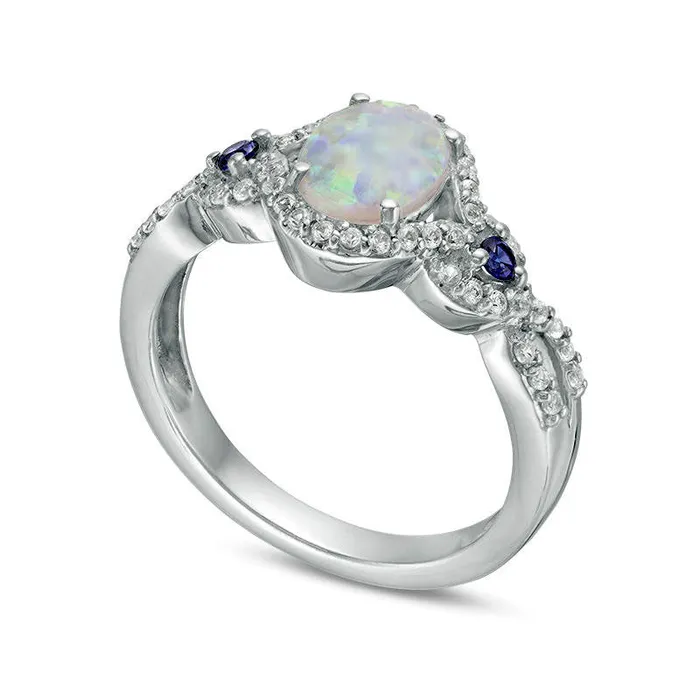 Goldia Oval LabCreated Opal Blue and White Sapphire Open Frame Twist Shank Ring in Sterling Silver Rings Goldia Oval LabCreated Opal Blue and White Sapphire Open Frame Twist Shank Ring in Sterling Silver Rings
