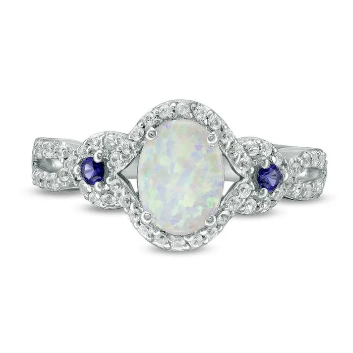 Goldia Oval LabCreated Opal Blue and White Sapphire Open Frame Twist Shank Ring in Sterling Silver Rings Goldia Oval LabCreated Opal Blue and White Sapphire Open Frame Twist Shank Ring in Sterling Silver Rings