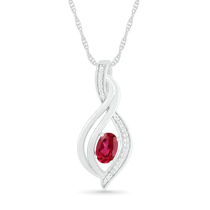 Goldia Oval LabCreated Ruby and 005 CT TW Diamond Flame Drop Pendant in Sterling Silver Necklaces Goldia Oval LabCreated Ruby and 005 CT TW Diamond Flame Drop Pendant in Sterling Silver Necklaces