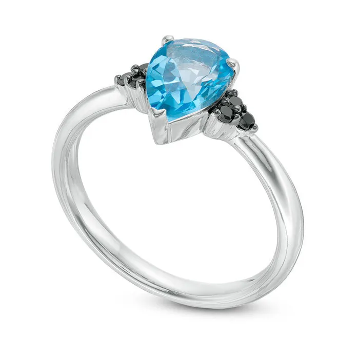 Goldia PearShaped Blue Topaz and 007 CT TW Enhanced Black Natural Diamond TriSides Ring in Sterling Silver Rings Goldia PearShaped Blue Topaz and 007 CT TW Enhanced Black Natural Diamond TriSides Ring in Sterling Silver Rings
