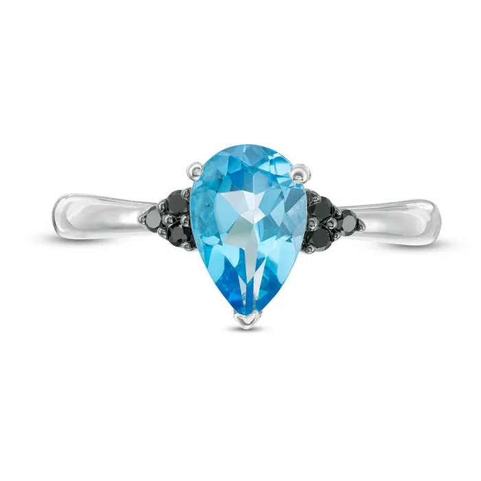 Goldia PearShaped Blue Topaz and 007 CT TW Enhanced Black Natural Diamond TriSides Ring in Sterling Silver Rings Goldia PearShaped Blue Topaz and 007 CT TW Enhanced Black Natural Diamond TriSides Ring in Sterling Silver Rings