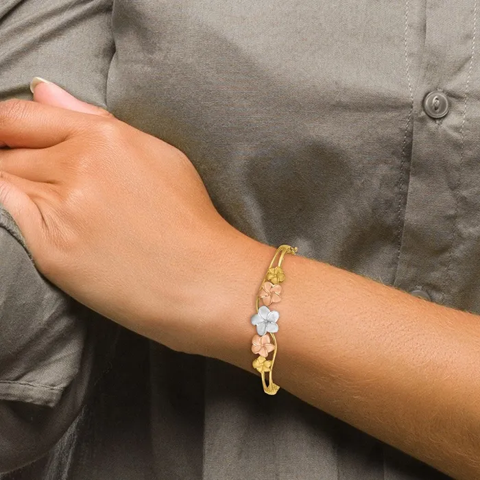 Goldia PreStyled Sets 14k TriColor Gold Plumeria Hinged Bangle