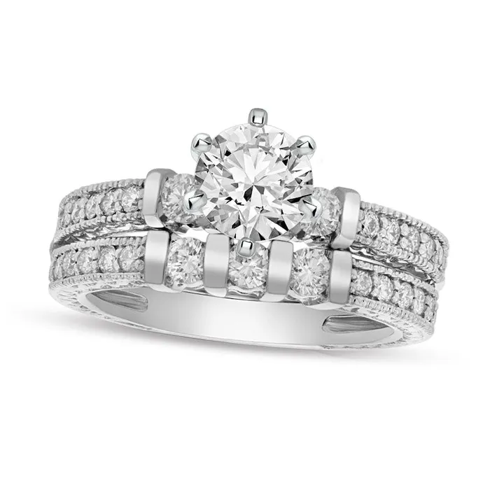 Goldia Rings 113 CT TW Natural Diamond Three Stone Antique VintageStyle Bridal Engagement Ring Set in Solid 14K White Gold Goldia Rings 113 CT TW Natural Diamond Three Stone Antique VintageStyle Bridal Engagement Ring Set in Solid 14K White Gold