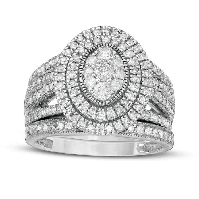 Goldia Rings 125 CT TW Composite Oval Natural Diamond Double Frame Antique VintageStyle MultiRow Bridal Engagement Ring Set in Solid 10K White Gold Goldia Rings 125 CT TW Composite Oval Natural Diamond Double Frame Antique VintageStyle MultiRow Bridal Engagement Ring Set in Solid 10K White Gold