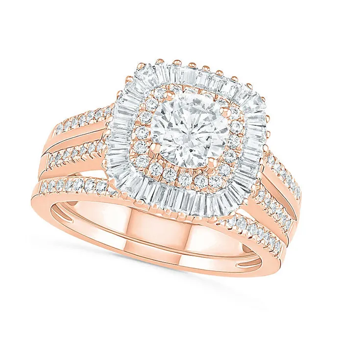 Goldia Rings 15 CT TW Baguette and Round Natural Diamond CushionShaped Sunburst Frame Bridal Engagement Ring Set in Solid 10K Rose Gold Goldia Rings 15 CT TW Baguette and Round Natural Diamond CushionShaped Sunburst Frame Bridal Engagement Ring Set in Solid 10K Rose Gold