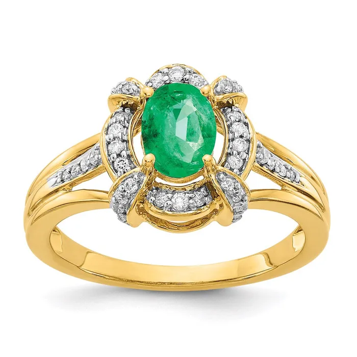 Goldia Rings 14K Yellow Gold Real Diamond and Oval Emerald Ring