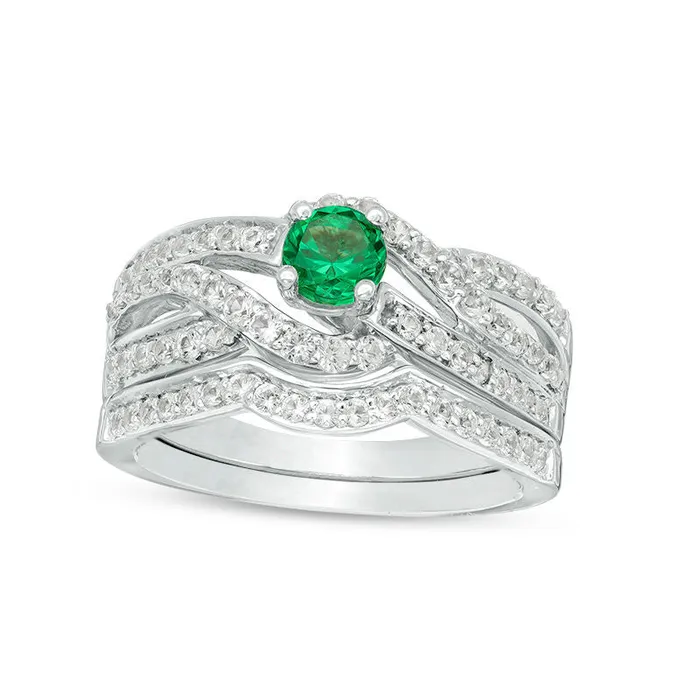 Goldia Rings 45mm LabCreated Emerald and White Sapphire Bypass Bridal Engagement Ring Set in Solid 10K White Gold Goldia Rings 45mm LabCreated Emerald and White Sapphire Bypass Bridal Engagement Ring Set in Solid 10K White Gold