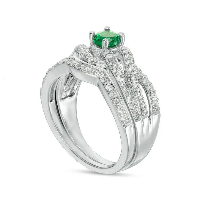 Goldia Rings 45mm LabCreated Emerald and White Sapphire Bypass Bridal Engagement Ring Set in Solid 10K White Gold Goldia Rings 45mm LabCreated Emerald and White Sapphire Bypass Bridal Engagement Ring Set in Solid 10K White Gold
