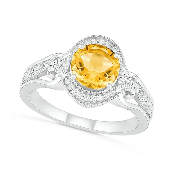 Goldia Rings 70mm Citrine and 010 CT TW Natural Diamond Scroll Frame Split Shank Antique VintageStyle Ring in Sterling Silver Goldia Rings 70mm Citrine and 010 CT TW Natural Diamond Scroll Frame Split Shank Antique VintageStyle Ring in Sterling Silver