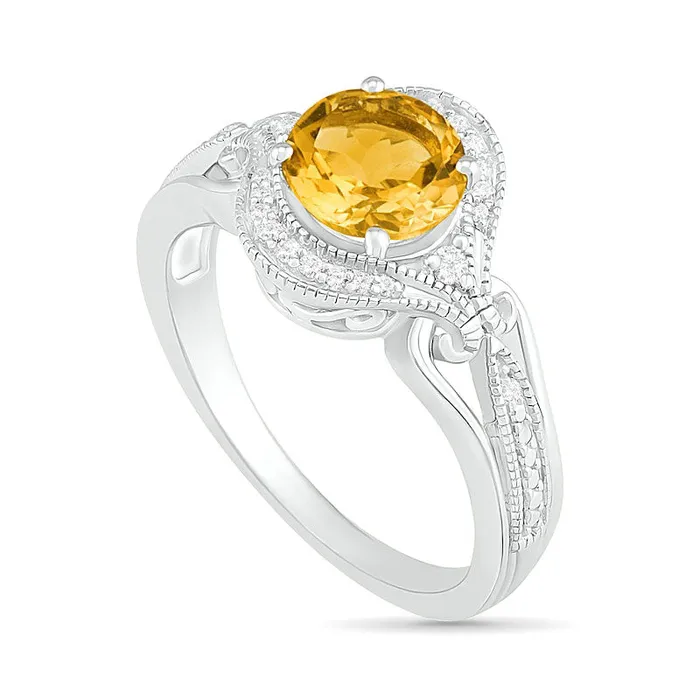 Goldia Rings 70mm Citrine and 010 CT TW Natural Diamond Scroll Frame Split Shank Antique VintageStyle Ring in Sterling Silver Goldia Rings 70mm Citrine and 010 CT TW Natural Diamond Scroll Frame Split Shank Antique VintageStyle Ring in Sterling Silver