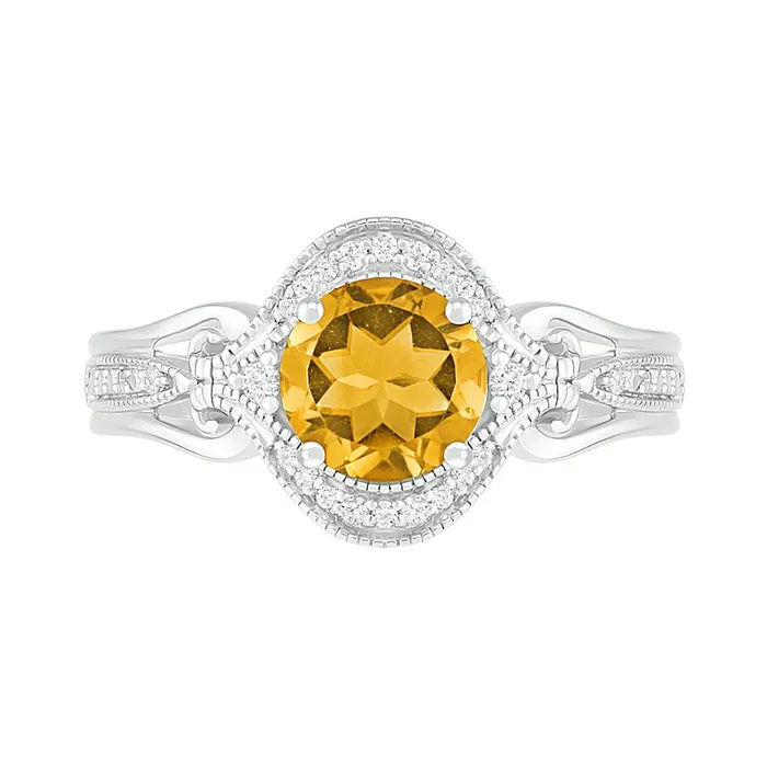 Goldia Rings 70mm Citrine and 010 CT TW Natural Diamond Scroll Frame Split Shank Antique VintageStyle Ring in Sterling Silver Goldia Rings 70mm Citrine and 010 CT TW Natural Diamond Scroll Frame Split Shank Antique VintageStyle Ring in Sterling Silver