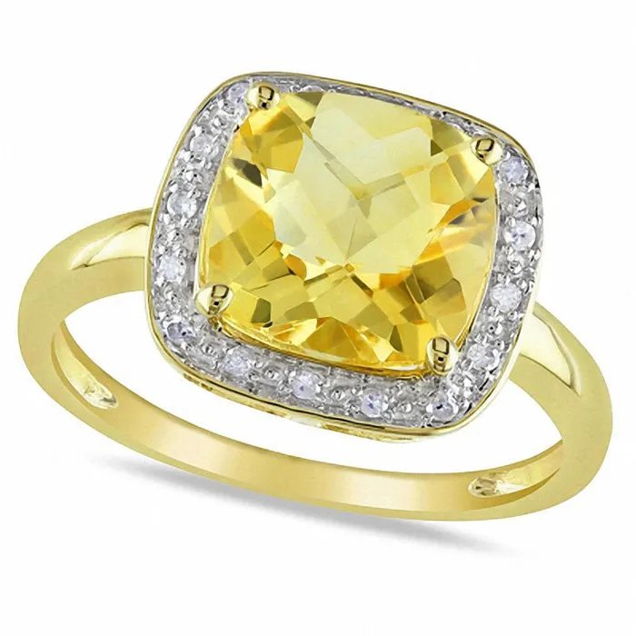 Goldia Rings 90mm CushionCut Citrine and Natural Diamond Accent Frame Ring in Solid 10K Yellow Gold Goldia Rings 90mm CushionCut Citrine and Natural Diamond Accent Frame Ring in Solid 10K Yellow Gold