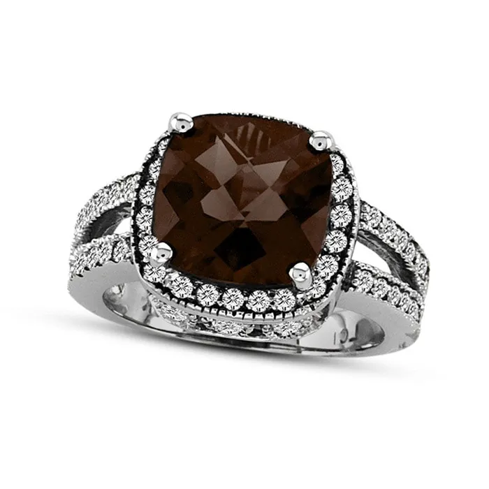 Goldia Rings 90mm CushionCut Smoky Quartz and 050 CT TW Natural Diamond Frame Split Shank Ring in Solid 14K White Gold Goldia Rings 90mm CushionCut Smoky Quartz and 050 CT TW Natural Diamond Frame Split Shank Ring in Solid 14K White Gold