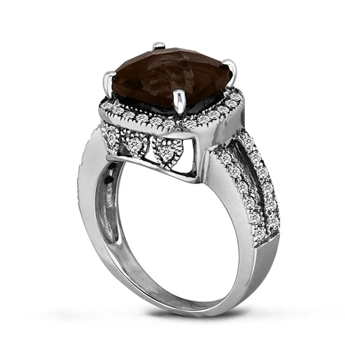 Goldia Rings 90mm CushionCut Smoky Quartz and 050 CT TW Natural Diamond Frame Split Shank Ring in Solid 14K White Gold Goldia Rings 90mm CushionCut Smoky Quartz and 050 CT TW Natural Diamond Frame Split Shank Ring in Solid 14K White Gold