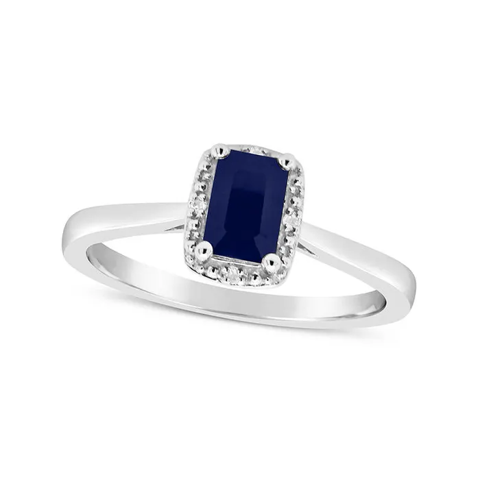 Goldia Rings EmeraldCut Blue Sapphire and Natural Diamond Accent Beaded Frame Ring in Sterling Silver Goldia Rings EmeraldCut Blue Sapphire and Natural Diamond Accent Beaded Frame Ring in Sterling Silver