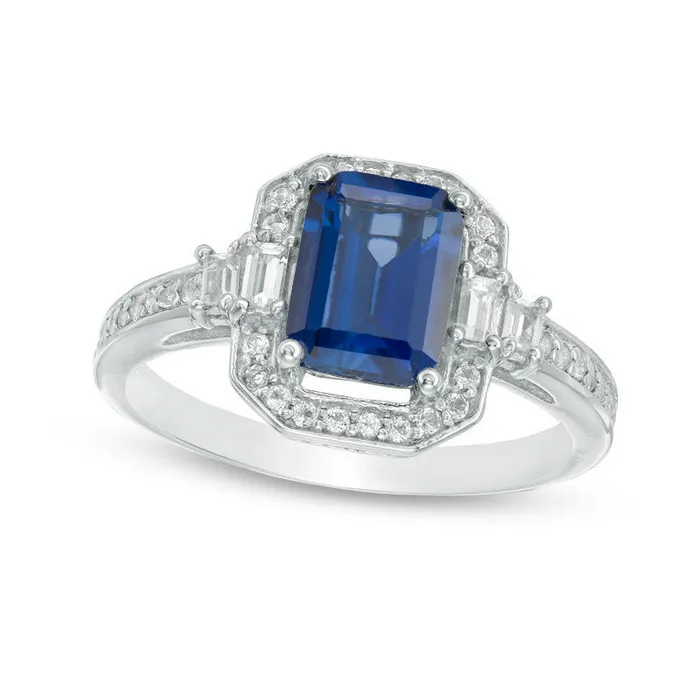 Goldia Rings EmeraldCut LabCreated Blue and White Sapphire Frame Ring in Sterling Silver Goldia Rings EmeraldCut LabCreated Blue and White Sapphire Frame Ring in Sterling Silver