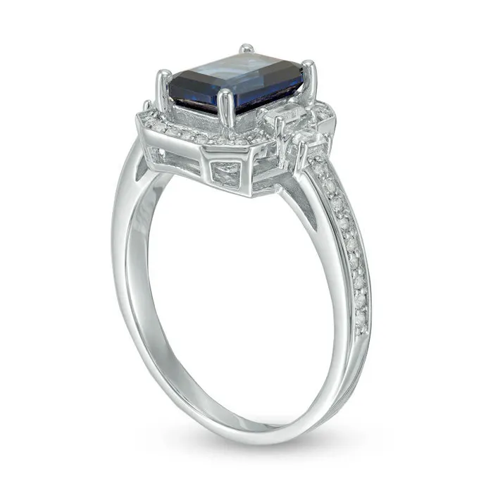 Goldia Rings EmeraldCut LabCreated Blue and White Sapphire Frame Ring in Sterling Silver Goldia Rings EmeraldCut LabCreated Blue and White Sapphire Frame Ring in Sterling Silver