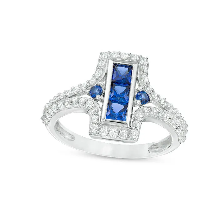 Goldia Rings LabCreated Blue and White Sapphire Linear Three Stone Split Shank Ring in Sterling Silver Goldia Rings LabCreated Blue and White Sapphire Linear Three Stone Split Shank Ring in Sterling Silver