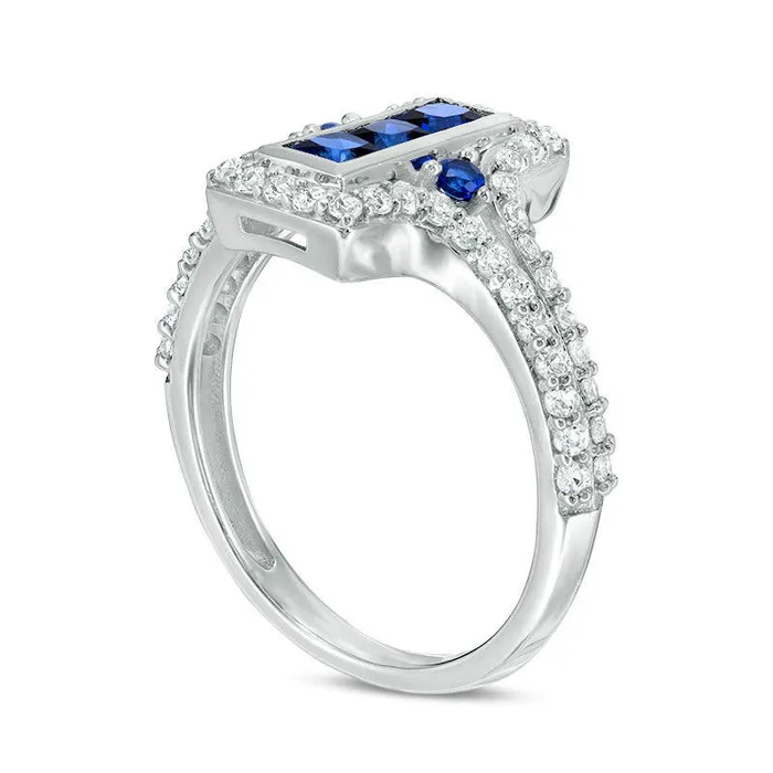 Goldia Rings LabCreated Blue and White Sapphire Linear Three Stone Split Shank Ring in Sterling Silver Goldia Rings LabCreated Blue and White Sapphire Linear Three Stone Split Shank Ring in Sterling Silver