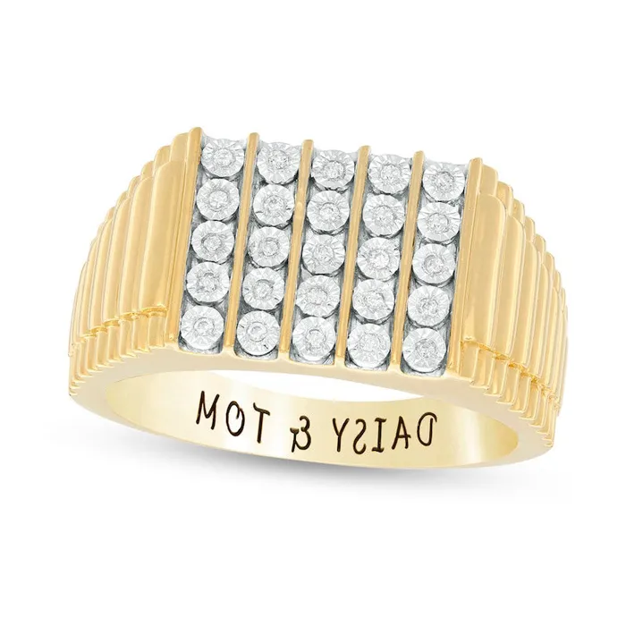 Goldia Rings Mens 010 CT TW Natural Diamond Engravable Vertical Five Row Ribbed Ring in Sterling Silver with Solid 14K Gold Plate 1 Line Goldia Rings Mens 010 CT TW Natural Diamond Engravable Vertical Five Row Ribbed Ring in Sterling Silver with Solid 14K Gold Plate 1 Line