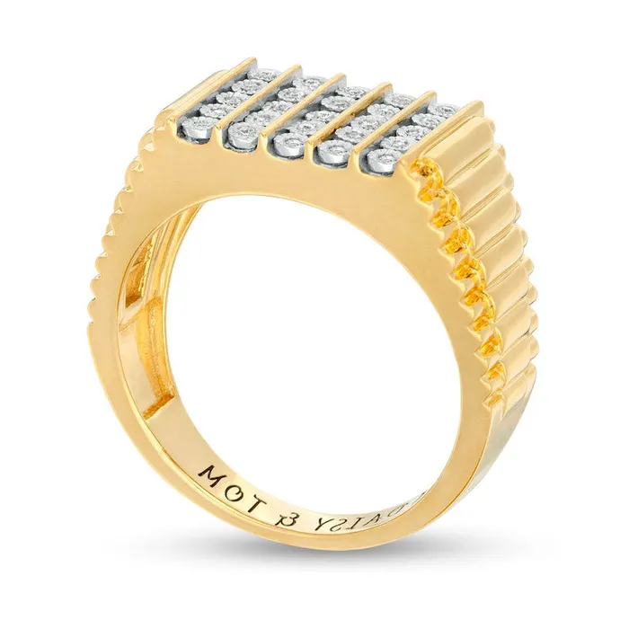 Goldia Rings Mens 010 CT TW Natural Diamond Engravable Vertical Five Row Ribbed Ring in Sterling Silver with Solid 14K Gold Plate 1 Line Goldia Rings Mens 010 CT TW Natural Diamond Engravable Vertical Five Row Ribbed Ring in Sterling Silver with Solid 14K Gold Plate 1 Line