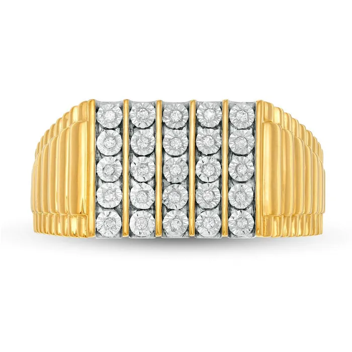 Goldia Rings Mens 010 CT TW Natural Diamond Engravable Vertical Five Row Ribbed Ring in Sterling Silver with Solid 14K Gold Plate 1 Line Goldia Rings Mens 010 CT TW Natural Diamond Engravable Vertical Five Row Ribbed Ring in Sterling Silver with Solid 14K Gold Plate 1 Line