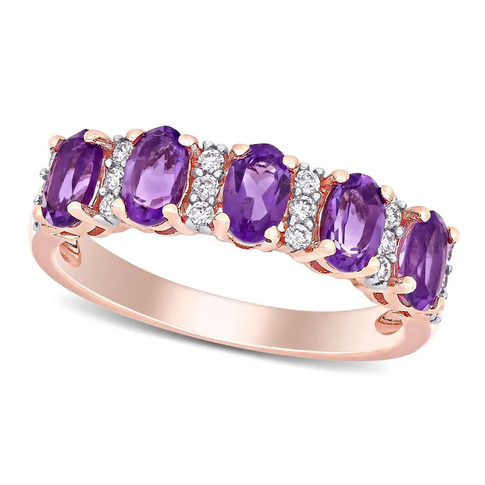 Goldia Rings Oval Amethyst and 017 CT TW Natural Diamond Five Stone Ring in Solid 14K Rose Gold Goldia Rings Oval Amethyst and 017 CT TW Natural Diamond Five Stone Ring in Solid 14K Rose Gold