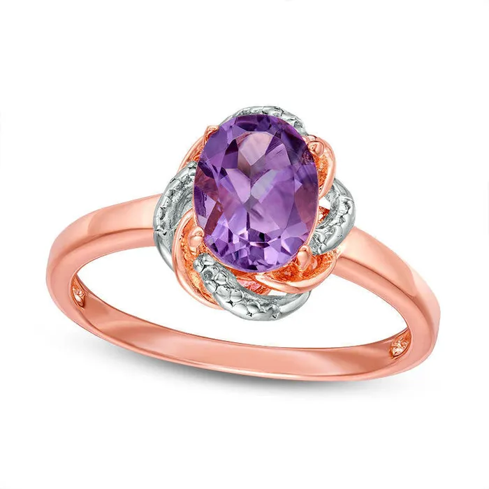 Goldia Rings Oval Amethyst and Natural Diamond Accent Swirl Frame Ring in Sterling Silver with Solid 18K Rose Gold Plate Goldia Rings Oval Amethyst and Natural Diamond Accent Swirl Frame Ring in Sterling Silver with Solid 18K Rose Gold Plate