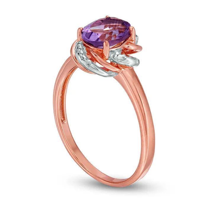 Goldia Rings Oval Amethyst and Natural Diamond Accent Swirl Frame Ring in Sterling Silver with Solid 18K Rose Gold Plate Goldia Rings Oval Amethyst and Natural Diamond Accent Swirl Frame Ring in Sterling Silver with Solid 18K Rose Gold Plate