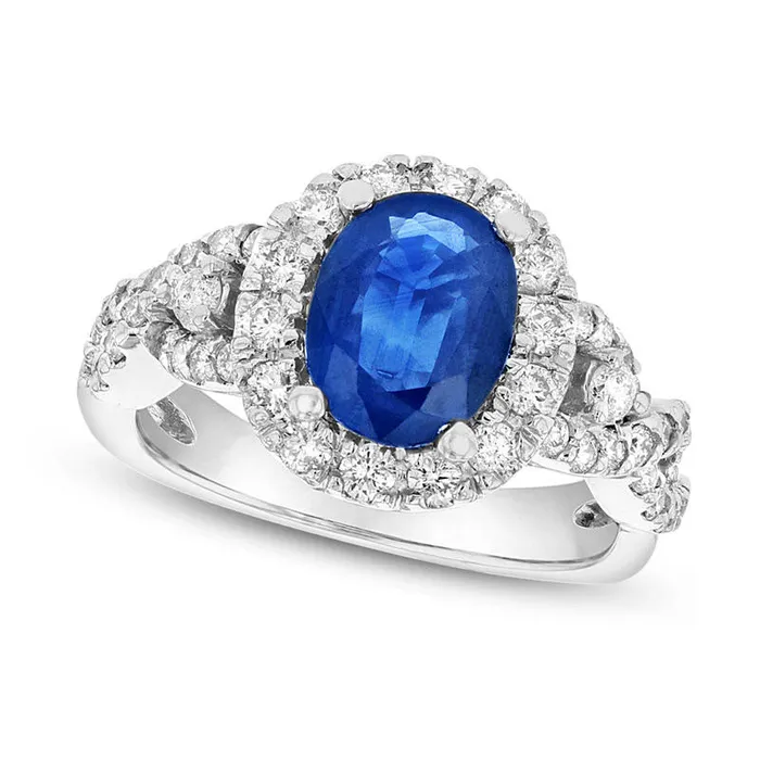 Goldia Rings Oval Blue Sapphire and 075 CT TW Natural Diamond Frame Twist Shank Ring in Solid 14K White Gold Goldia Rings Oval Blue Sapphire and 075 CT TW Natural Diamond Frame Twist Shank Ring in Solid 14K White Gold