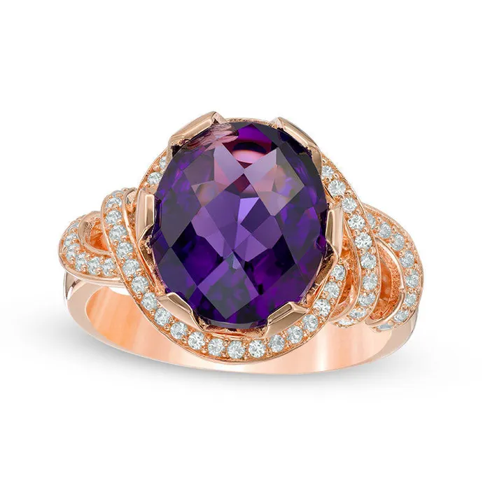 Goldia Rings Oval Faceted Amethyst and 033 CT TW Natural Diamond Ribbon Frame Ring in Solid 10K Rose Gold Goldia Rings Oval Faceted Amethyst and 033 CT TW Natural Diamond Ribbon Frame Ring in Solid 10K Rose Gold