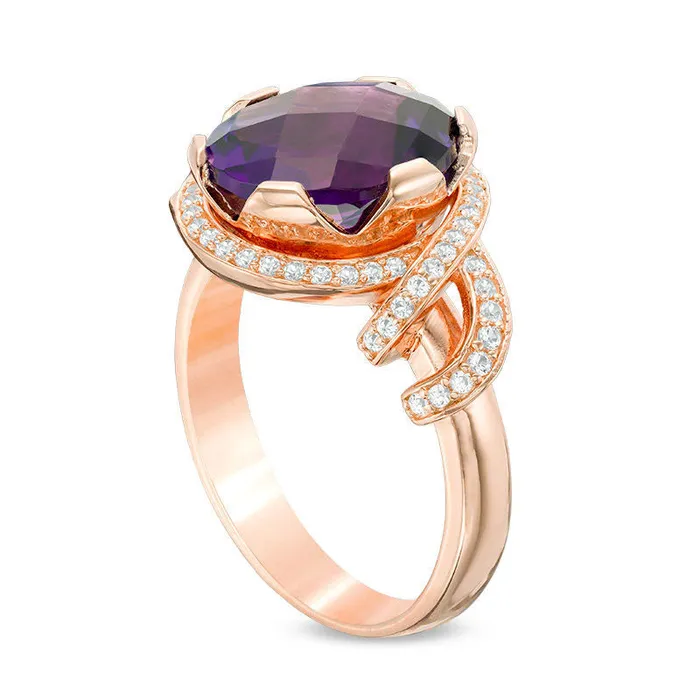Goldia Rings Oval Faceted Amethyst and 033 CT TW Natural Diamond Ribbon Frame Ring in Solid 10K Rose Gold Goldia Rings Oval Faceted Amethyst and 033 CT TW Natural Diamond Ribbon Frame Ring in Solid 10K Rose Gold