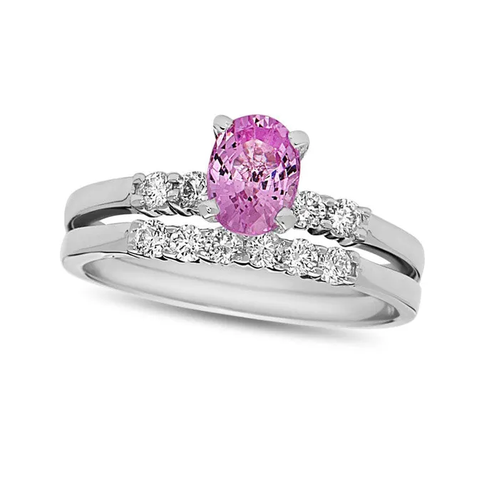 Goldia Rings Oval Pink Sapphire and 033 CT TW Natural Diamond Bridal Engagement Ring Set in Solid 14K White Gold Goldia Rings Oval Pink Sapphire and 033 CT TW Natural Diamond Bridal Engagement Ring Set in Solid 14K White Gold