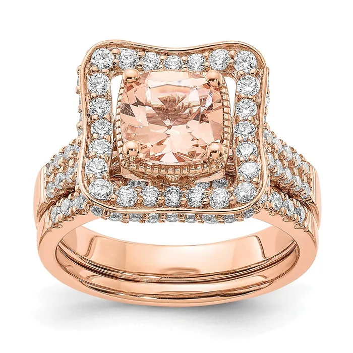 Goldia Rings Solid 14k Rose Gold Morganite Simulated CZ Halo Engagement Ring