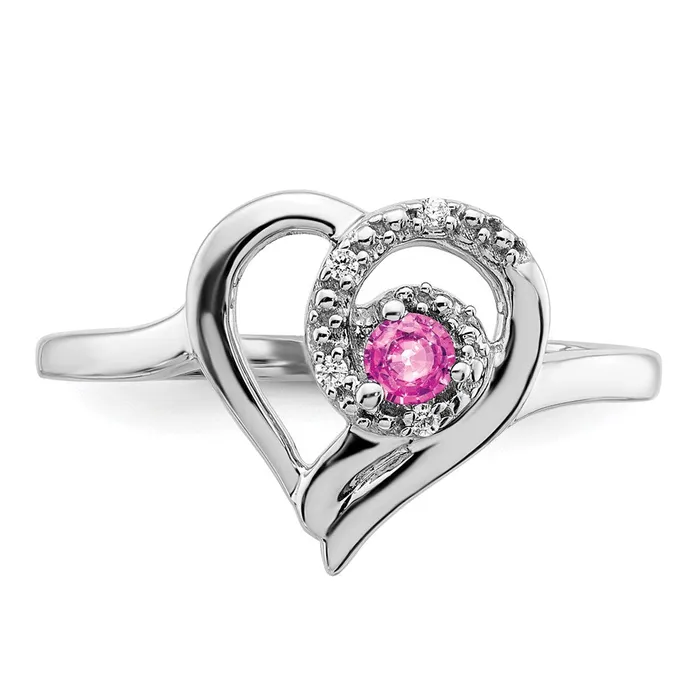 Goldia Rings Solid 14k White Gold Created PinK Simulated Sapphire and CZ Heart Ring