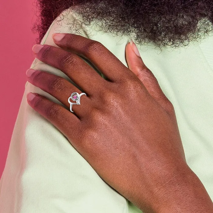 Goldia Rings Solid 14k White Gold Created PinK Simulated Sapphire and CZ Heart Ring