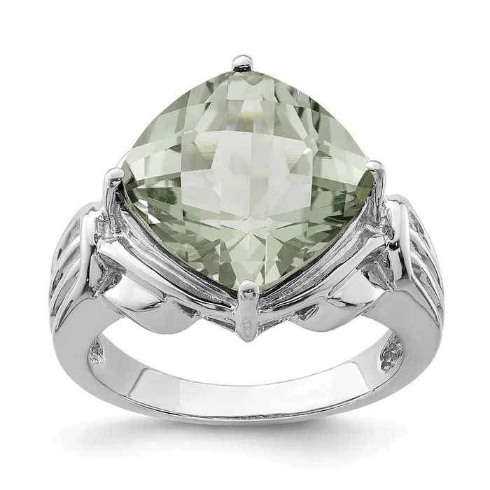 Goldia Rings Sterling Silver Rhodium CheckerCut Green Quartz Ring