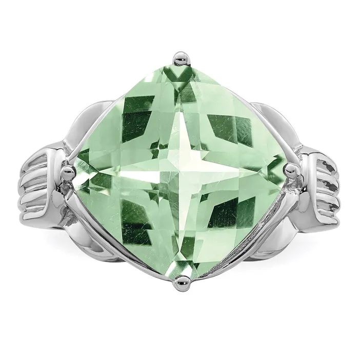 Goldia Rings Sterling Silver Rhodium CheckerCut Green Quartz Ring