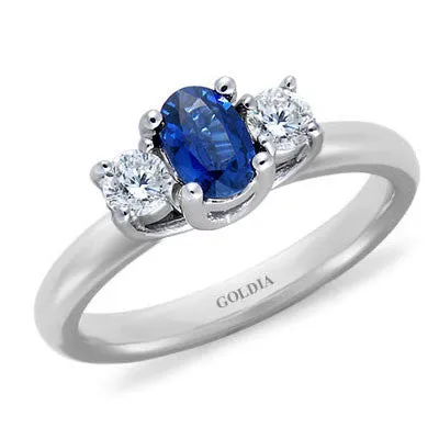 Goldia Rings ThreeStone Oval Blue Sapphire and Diamond Ring White Gold Goldia Rings ThreeStone Oval Blue Sapphire and Diamond Ring White Gold