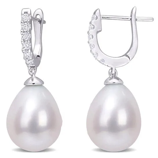 JMS always Earrings Original AMOUR 859mm Freshwater Cultured Pearl and 15 CT TGW Cubic Zirconia Drop Cuff Earrings In Sterling Silver JMS always Earrings Original AMOUR 859mm Freshwater Cultured Pearl and 15 CT TGW Cubic Zirconia Drop Cuff Earrings In Sterling Silver