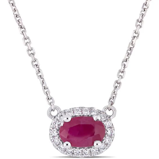 JMS always Necklaces Original AMOUR 35 CT TGW Oval Shape Ruby and 110 CT TW Diamond Halo Necklace In 14K White Gold