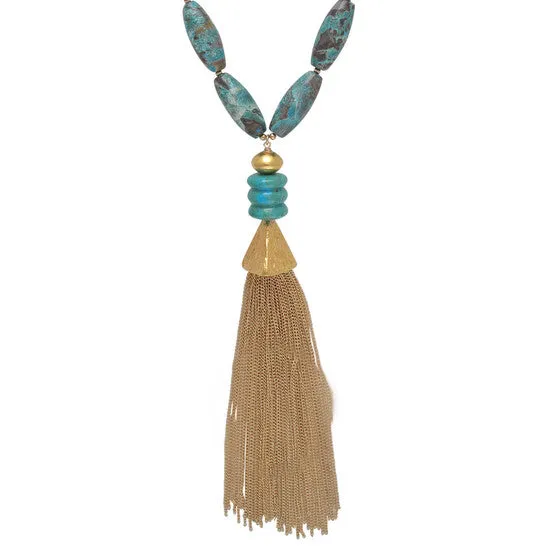 JMS always Necklaces Original Devon Leigh 18k Gold Plated Brass Chrysocolla Tassel Necklace N6443 JMS always Necklaces Original Devon Leigh 18k Gold Plated Brass Chrysocolla Tassel Necklace N6443