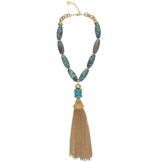 JMS always Necklaces Original Devon Leigh 18k Gold Plated Brass Chrysocolla Tassel Necklace N6443 JMS always Necklaces Original Devon Leigh 18k Gold Plated Brass Chrysocolla Tassel Necklace N6443