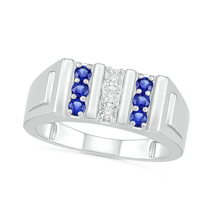 Mens Blue LabCreated Sapphire and Diamond Accent Vertical Triple Row Art Deco Ring in Sterling Silver Goldia Rings Mens Blue LabCreated Sapphire and Diamond Accent Vertical Triple Row Art Deco Ring in Sterling Silver Goldia Rings