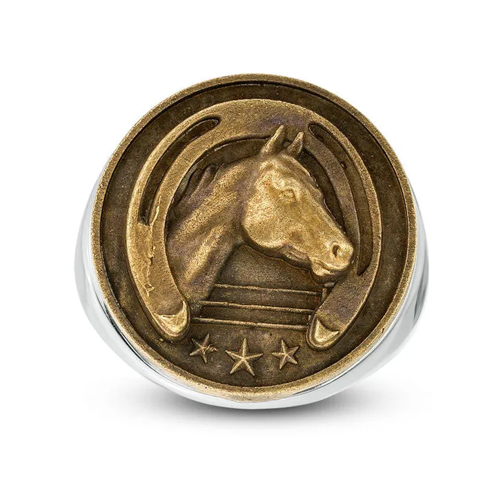 Mens Horse and Horseshoe AntiqueFinished Signet Ring in Sterling Silver and Bronze Goldia Rings Mens Horse and Horseshoe AntiqueFinished Signet Ring in Sterling Silver and Bronze Goldia Rings