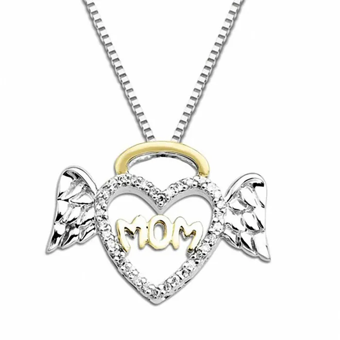 Necklaces Goldia 01 CT TW Natural Diamond Halo Winged Heart Mom Pendant in Sterling Silver and 14K Gold Necklaces Goldia 01 CT TW Natural Diamond Halo Winged Heart Mom Pendant in Sterling Silver and 14K Gold