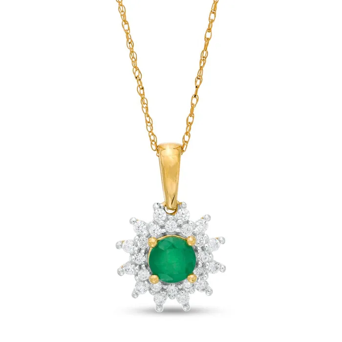 Necklaces Goldia 50mm Emerald and 025 CT TW Natural Diamond Sunburst Frame Pendant in 10K Yellow Gold Necklaces Goldia 50mm Emerald and 025 CT TW Natural Diamond Sunburst Frame Pendant in 10K Yellow Gold