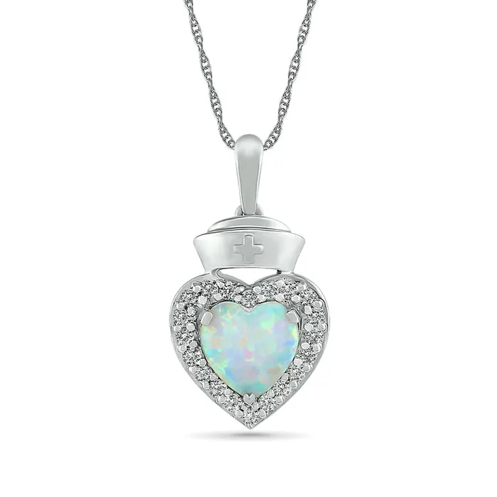 Necklaces Goldia 70mm LabCreated Opal and White Sapphire Frame Heart with Nurse Cap Drop Pendant in Sterling Silver Necklaces Goldia 70mm LabCreated Opal and White Sapphire Frame Heart with Nurse Cap Drop Pendant in Sterling Silver