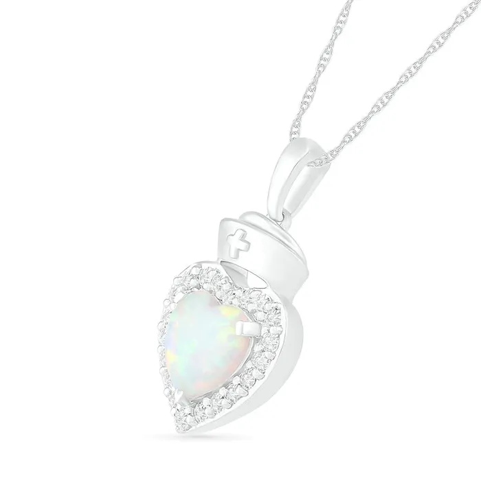 Necklaces Goldia 70mm LabCreated Opal and White Sapphire Frame Heart with Nurse Cap Drop Pendant in Sterling Silver Necklaces Goldia 70mm LabCreated Opal and White Sapphire Frame Heart with Nurse Cap Drop Pendant in Sterling Silver